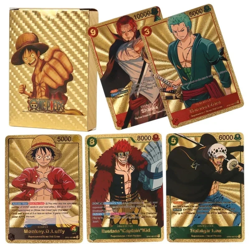 One Piece Monkey D Luffy Roronoa Zoro Gold Foil Collectible Trading Cards Box Set, Anime Character Waterproof Gold Plated TCG Game Cards