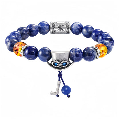 One Piece Luffy Ace Sabo Beaded Bracelet, Anime Character Natural Stone Bead Bracelet with Hat Charm, Adjustable Cosplay Jewelry Gift for Anime Fans Men Women